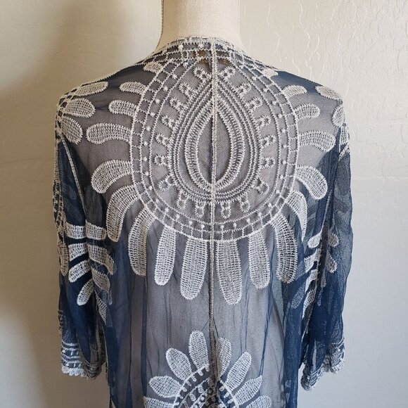 Rebellion Again Mesh Crochet Lace Open Kimono Cover Up Blue Size L Beachy Boho - Picture 7 of 11